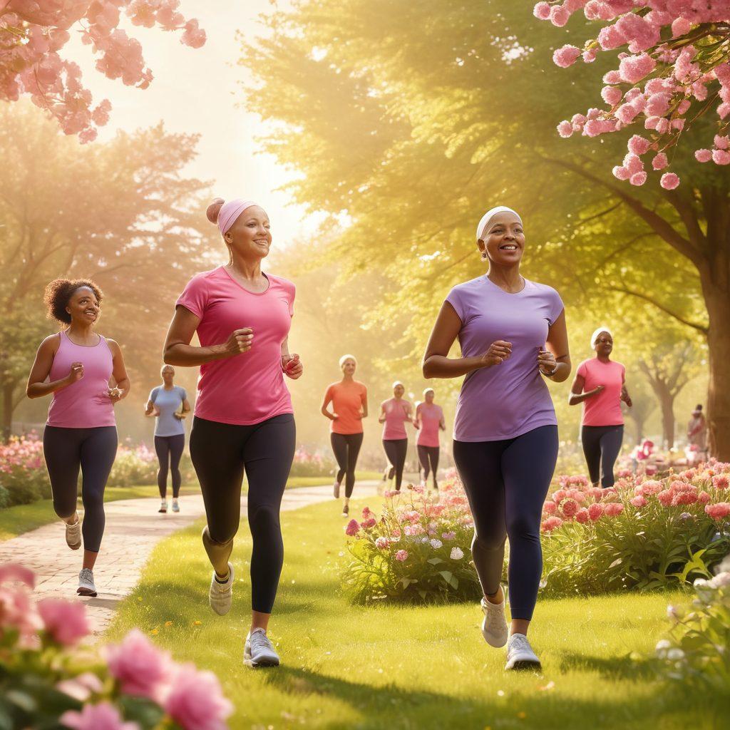 A dynamic scene showcasing a diverse group of cancer survivors engaging in various sports activities, such as jogging, yoga, and cycling, in a sunlit park. The background features blooming flowers and supportive community members cheering them on. A soft gradient overlay of hope and resilience reflects the theme of wellness in cancer recovery. super-realistic. vibrant colors. inspirational.