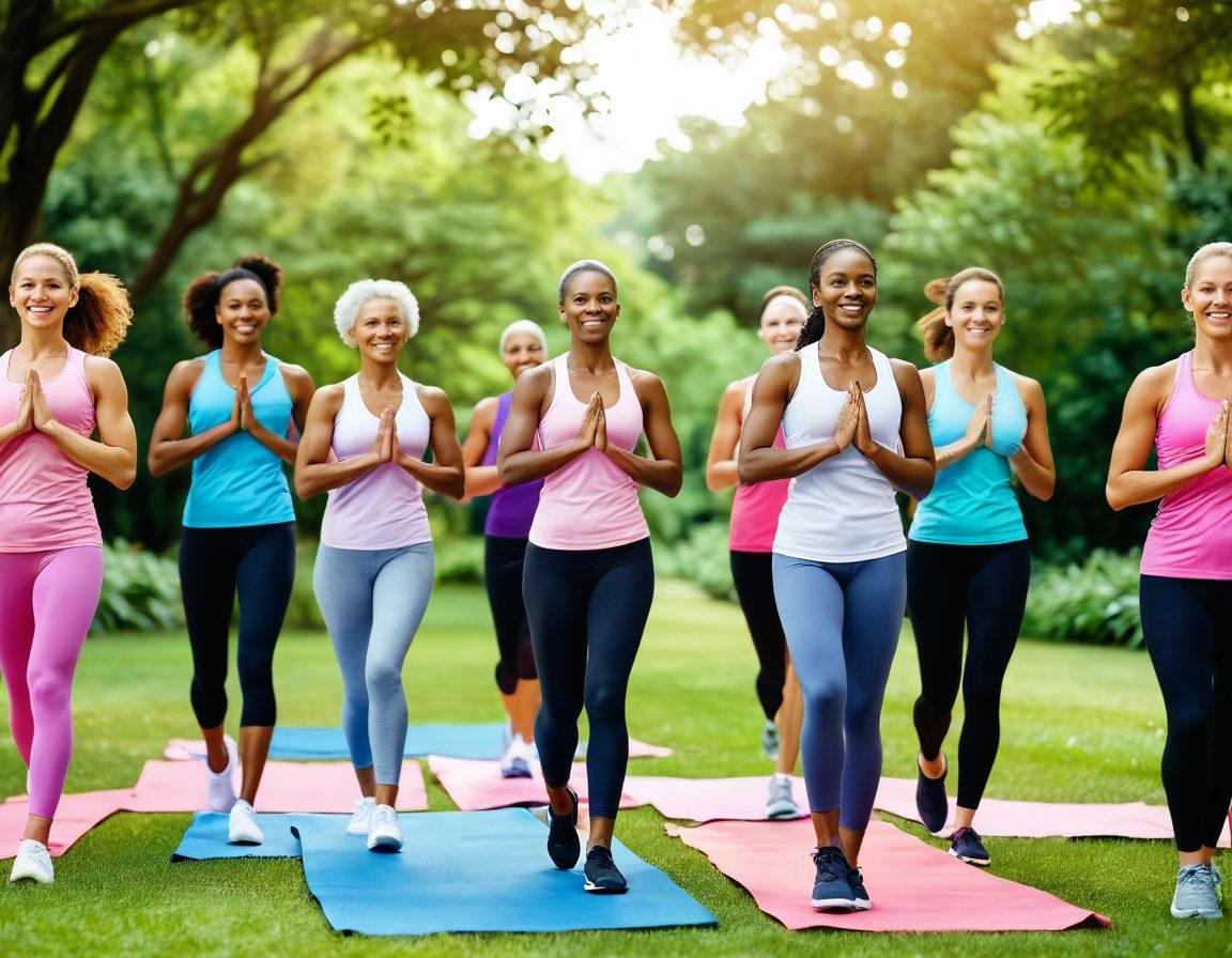 A diverse group of individuals engaged in a community athletic event, showcasing teamwork and support, with a background of lush greenery symbolizing hope and wellness. Soft lighting highlights their smiles and camaraderie, and ribbons symbolizing cancer awareness are present in the scene. Include elements like yoga mats, running shoes, and encouraging signs. soft focus. vibrant colors. 3D.