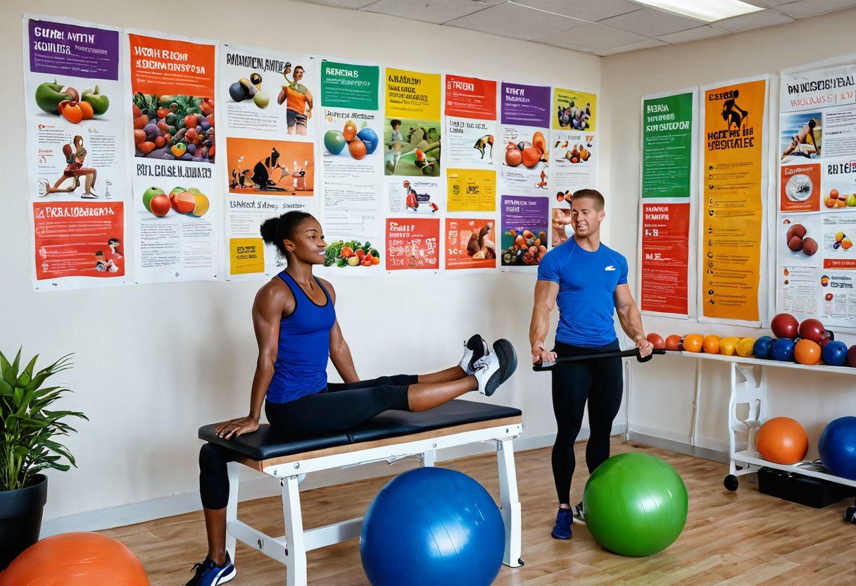 A dynamic scene depicting a sports rehabilitation clinic filled with athletes engaged in various exercises. One athlete lifts weights while another practices balance on a therapy ball, surrounded by colorful nutrition posters on the walls. A nutritionist is consulting an athlete, showcasing healthy food options on a table. The environment is bright and motivational, reflecting a blend of sports, nutrition, and wellness. vibrant colors. super-realistic.